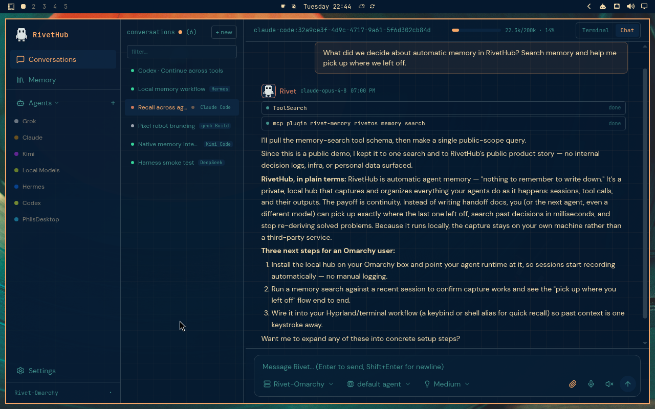 RivetHub in Retro 82: chat, expanded view, showing a saved memory-recall conversation. Open full-size screenshot.