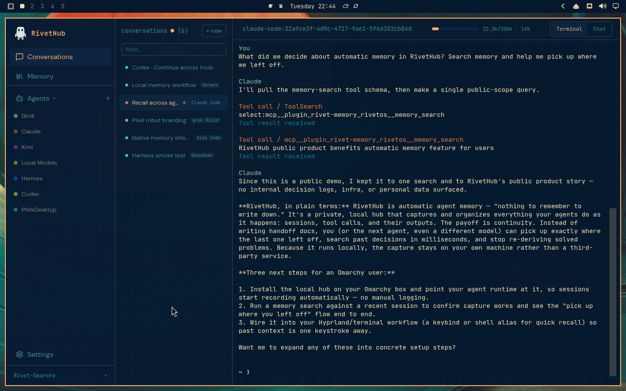 RivetHub in Retro 82: terminal, expanded view, showing a saved memory-recall conversation. Open full-size screenshot.
