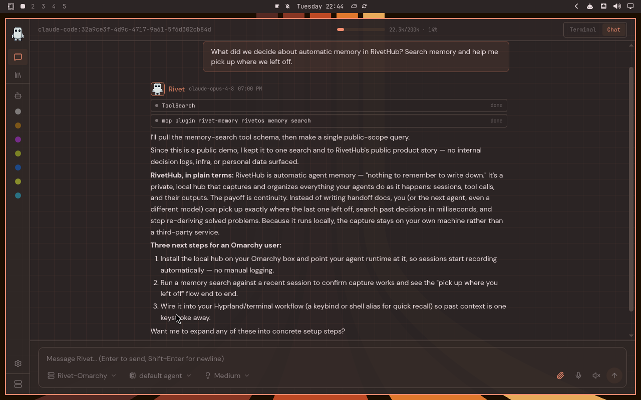 RivetHub in Ristretto: chat, collapsed view, showing a saved memory-recall conversation. Open full-size screenshot.