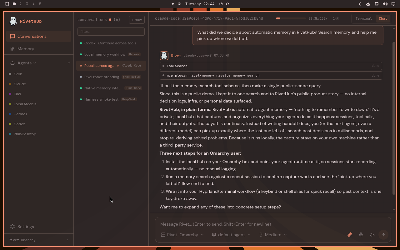 RivetHub in Ristretto: chat, expanded view, showing a saved memory-recall conversation. Open full-size screenshot.