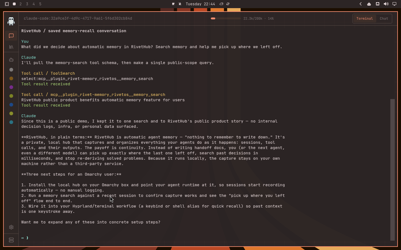 RivetHub in Ristretto: terminal, collapsed view, showing a saved memory-recall conversation. Open full-size screenshot.