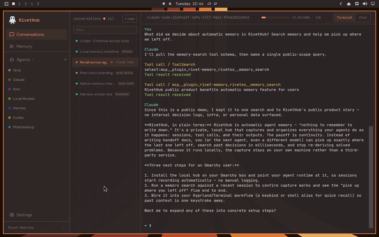 RivetHub in Ristretto: terminal, expanded view, showing a saved memory-recall conversation. Open full-size screenshot.