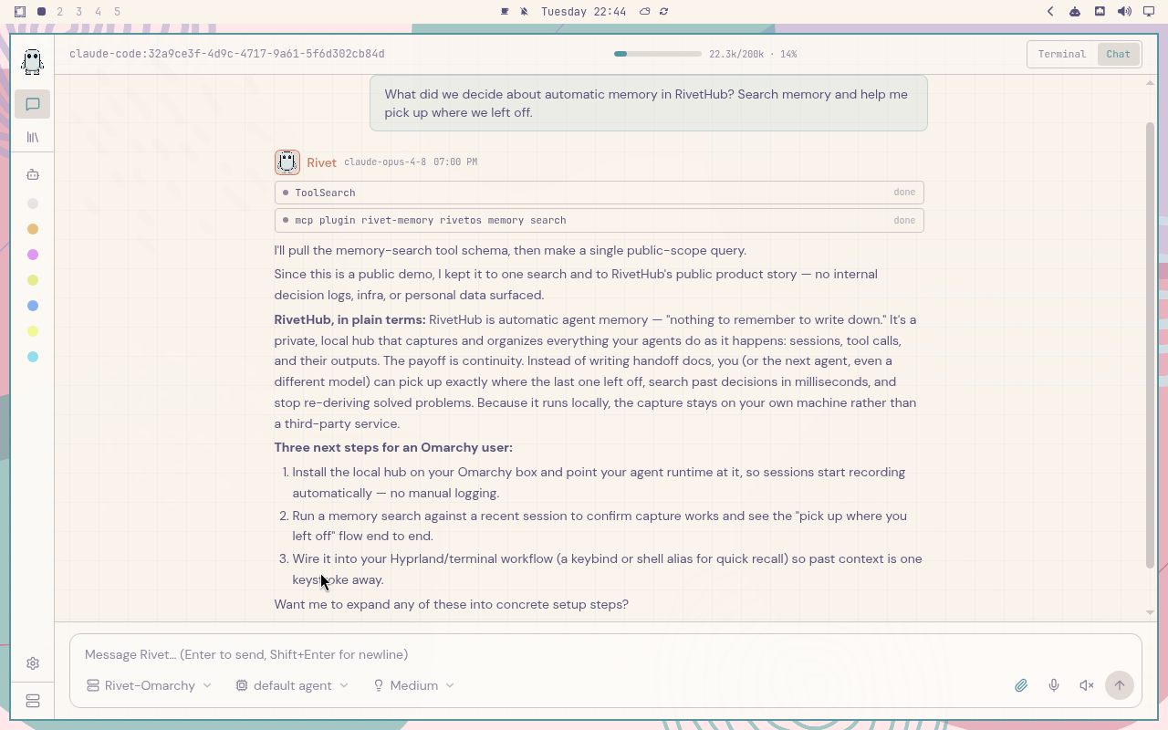 RivetHub in Rose Pine: chat, collapsed view, showing a saved memory-recall conversation. Open full-size screenshot.