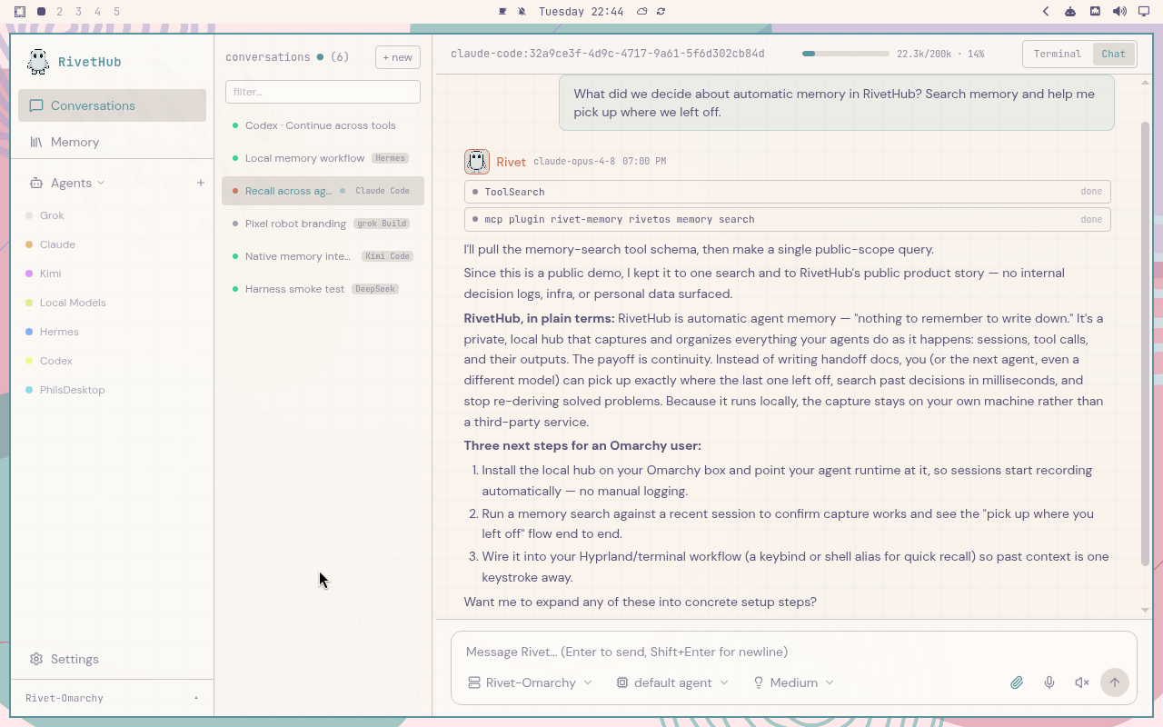 RivetHub in Rose Pine: chat, expanded view, showing a saved memory-recall conversation. Open full-size screenshot.