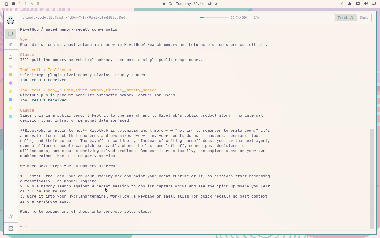 RivetHub in Rose Pine: terminal, collapsed view, showing a saved memory-recall conversation. Open full-size screenshot.