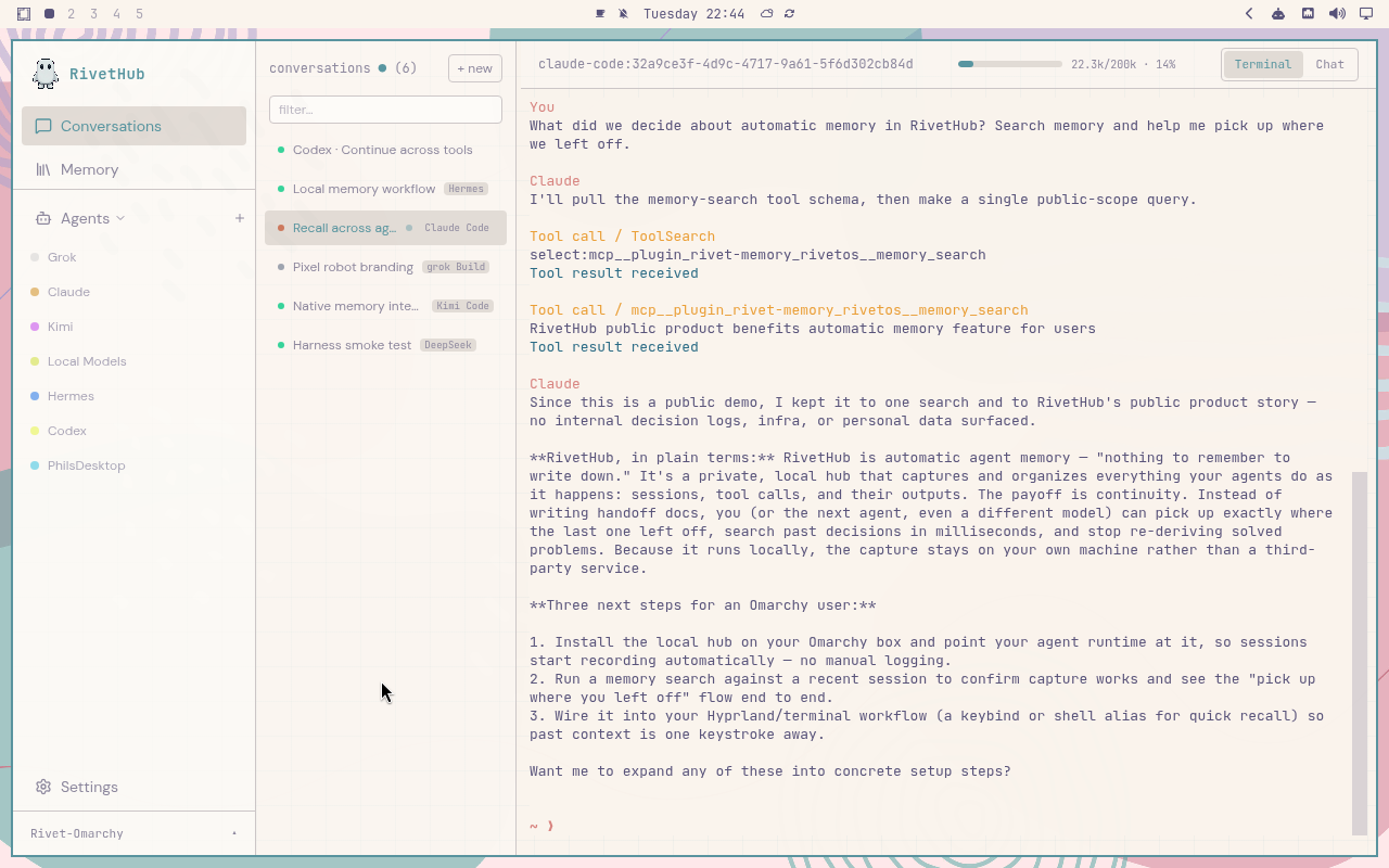 RivetHub in Rose Pine: terminal, expanded view, showing a saved memory-recall conversation. Open full-size screenshot.
