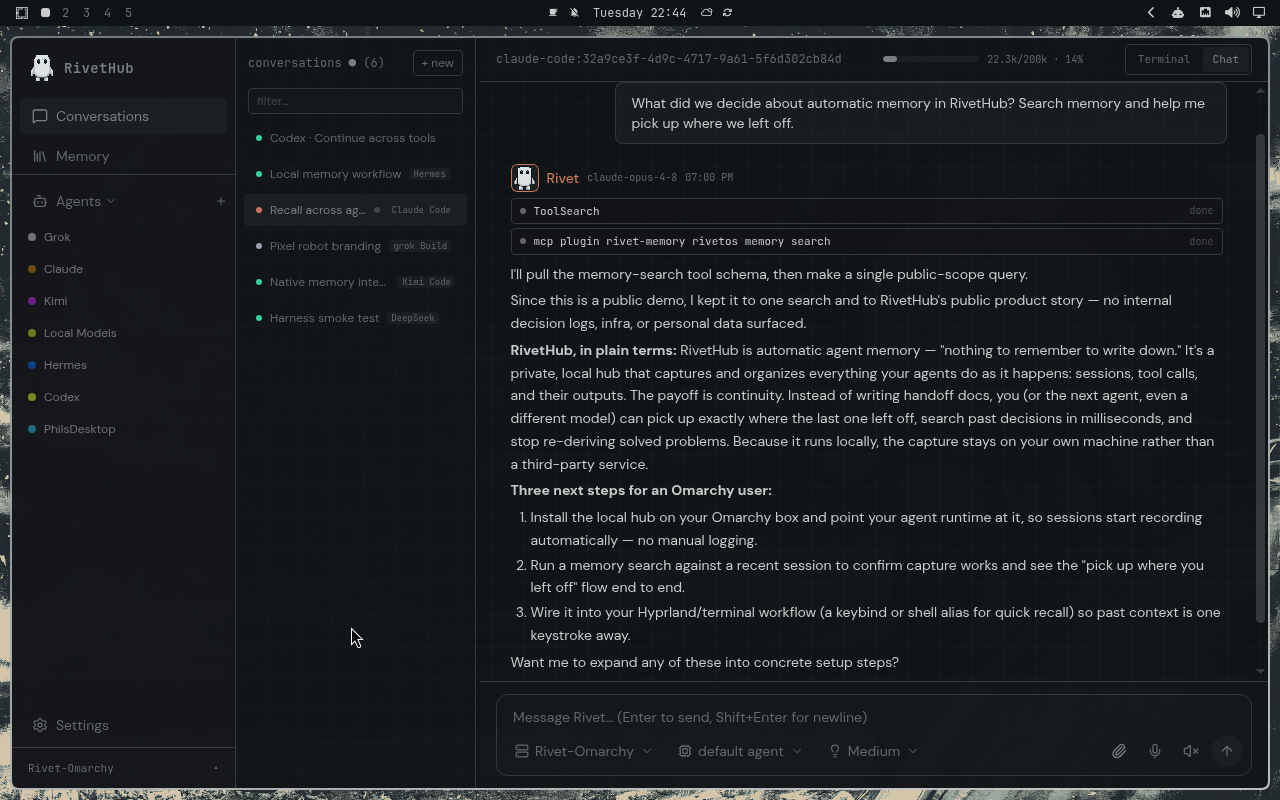 RivetHub in Solitude: chat, expanded view, showing a saved memory-recall conversation. Open full-size screenshot.