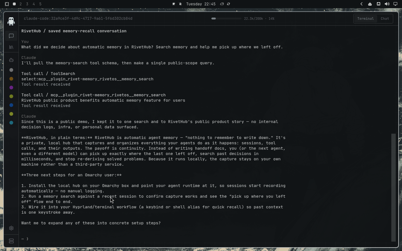 RivetHub in Solitude: terminal, collapsed view, showing a saved memory-recall conversation. Open full-size screenshot.