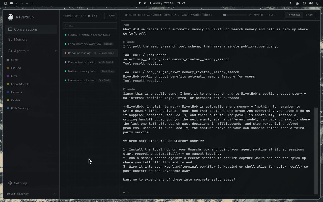 RivetHub in Solitude: terminal, expanded view, showing a saved memory-recall conversation. Open full-size screenshot.