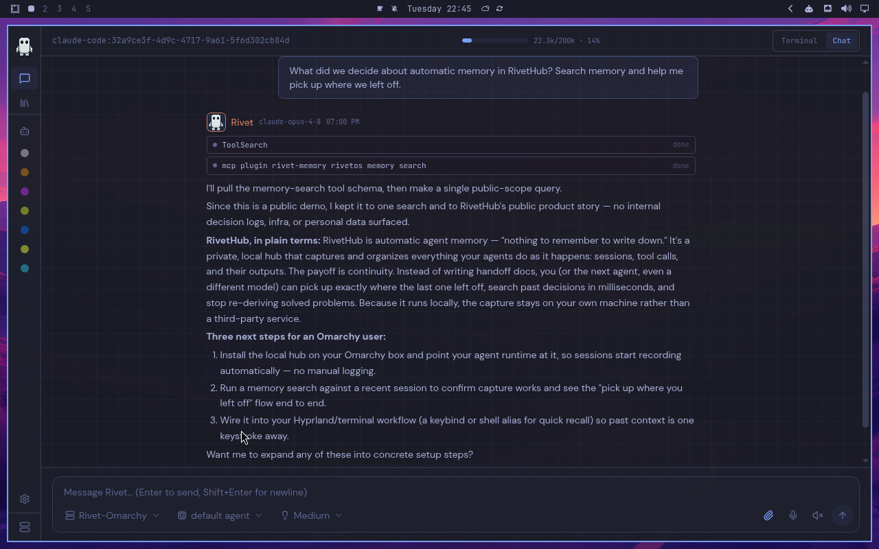 RivetHub in Tokyo Night: chat, collapsed view, showing a saved memory-recall conversation. Open full-size screenshot.