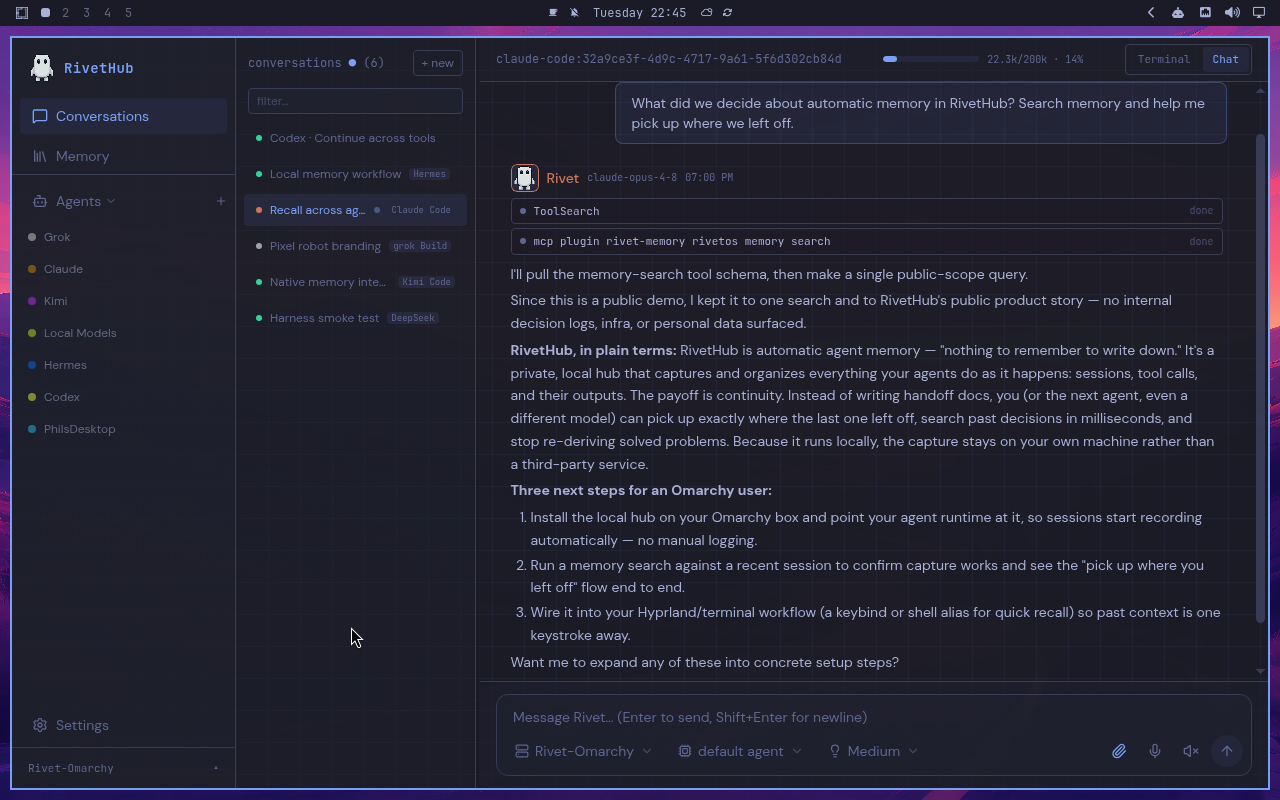 RivetHub in Tokyo Night: chat, expanded view, showing a saved memory-recall conversation. Open full-size screenshot.