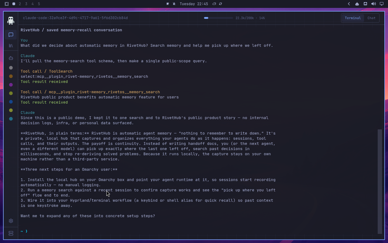 RivetHub in Tokyo Night: terminal, collapsed view, showing a saved memory-recall conversation. Open full-size screenshot.