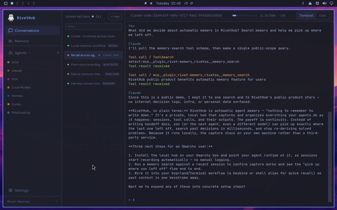 RivetHub in Tokyo Night: terminal, expanded view, showing a saved memory-recall conversation. Open full-size screenshot.