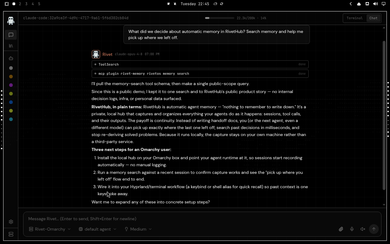 RivetHub in Vantablack: chat, collapsed view, showing a saved memory-recall conversation. Open full-size screenshot.