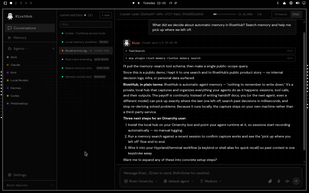 RivetHub in Vantablack: chat, expanded view, showing a saved memory-recall conversation. Open full-size screenshot.