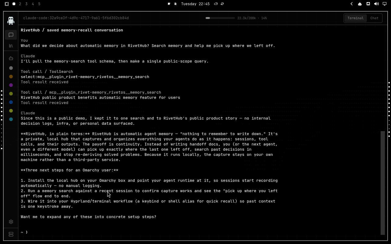 RivetHub in Vantablack: terminal, collapsed view, showing a saved memory-recall conversation. Open full-size screenshot.