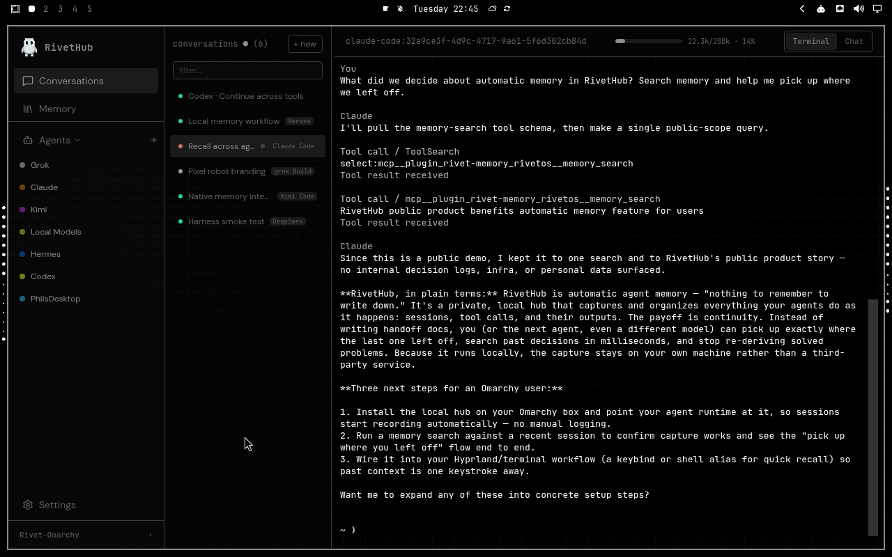 RivetHub in Vantablack: terminal, expanded view, showing a saved memory-recall conversation. Open full-size screenshot.