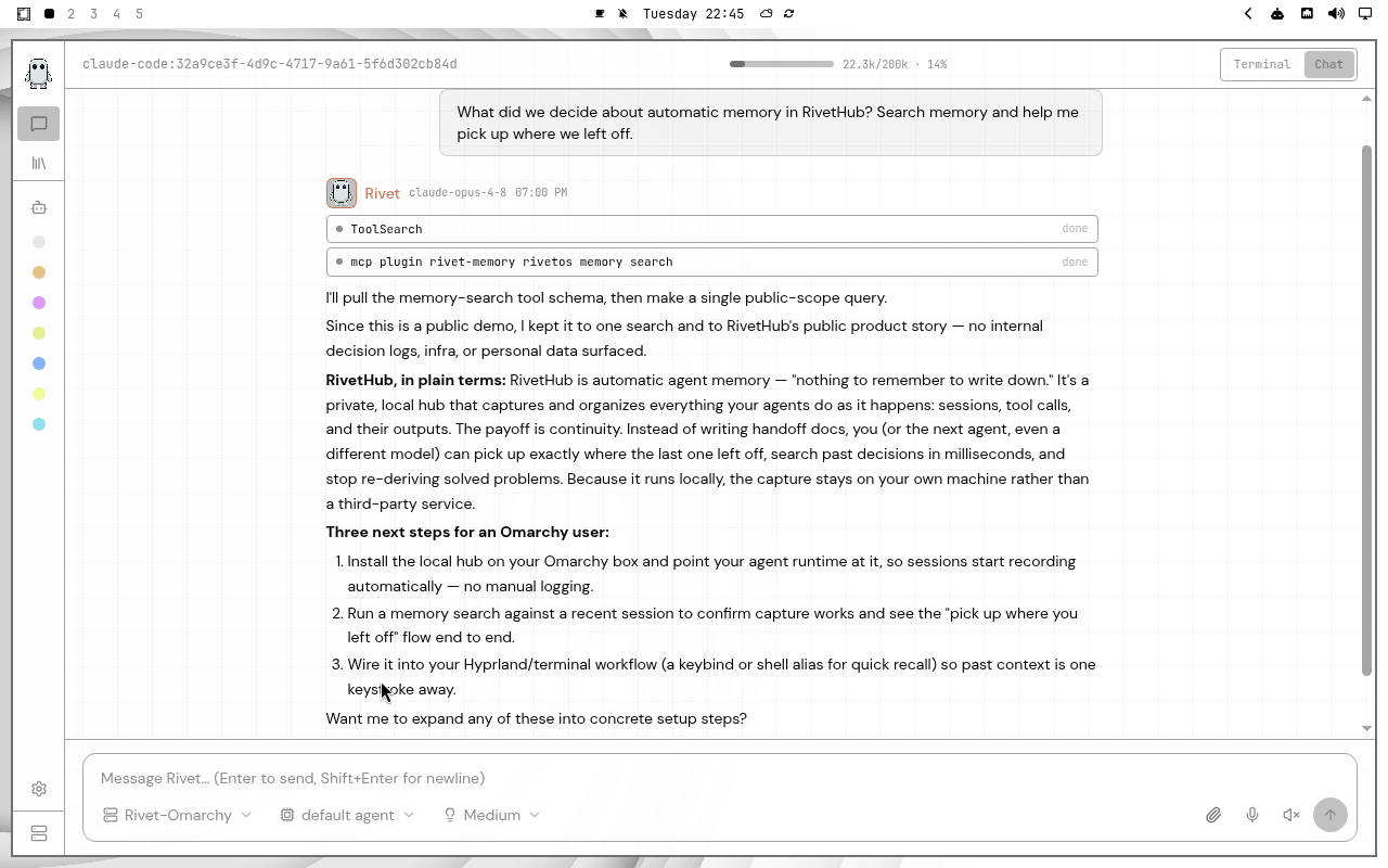 RivetHub in White: chat, collapsed view, showing a saved memory-recall conversation. Open full-size screenshot.