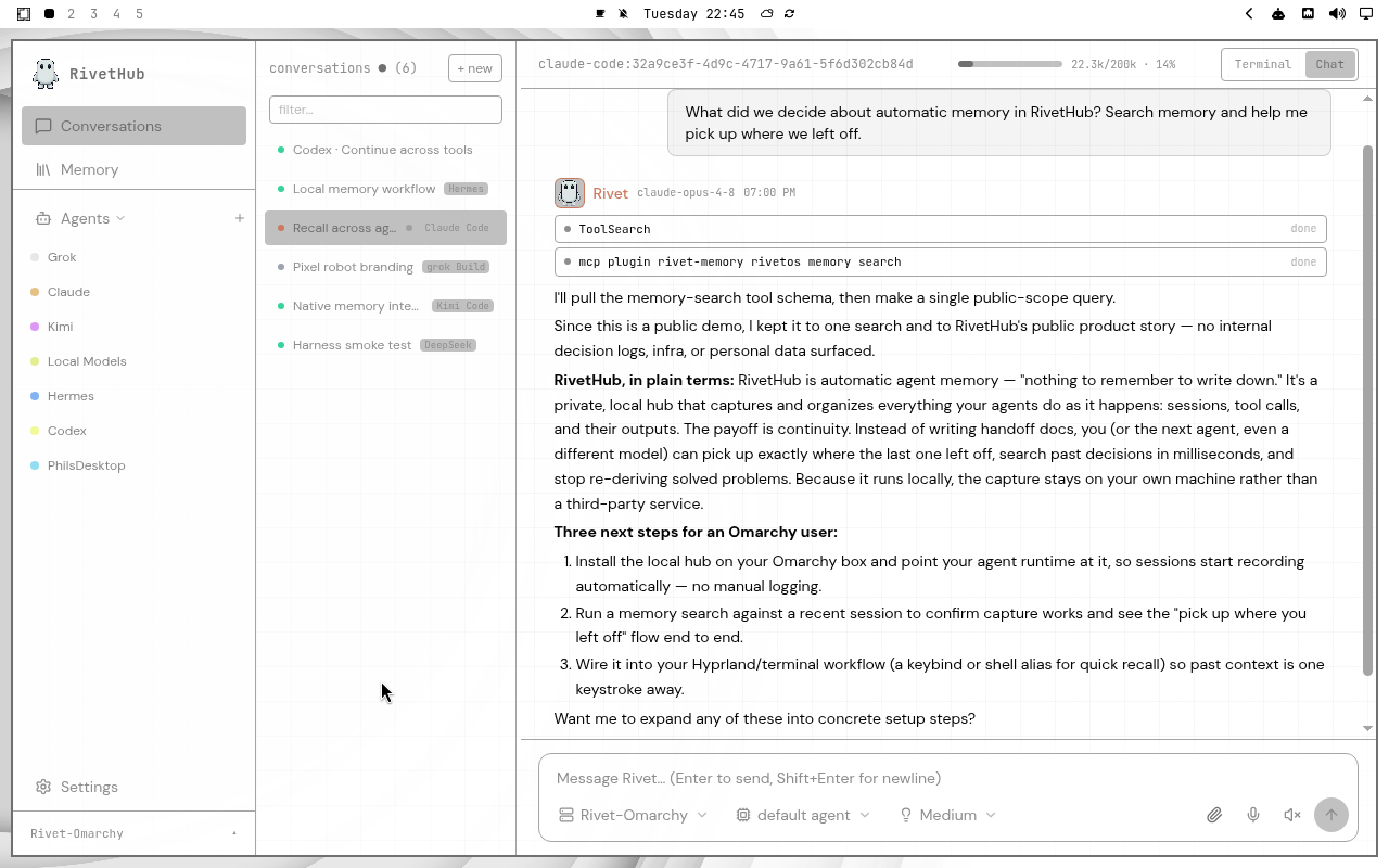 RivetHub in White: chat, expanded view, showing a saved memory-recall conversation. Open full-size screenshot.
