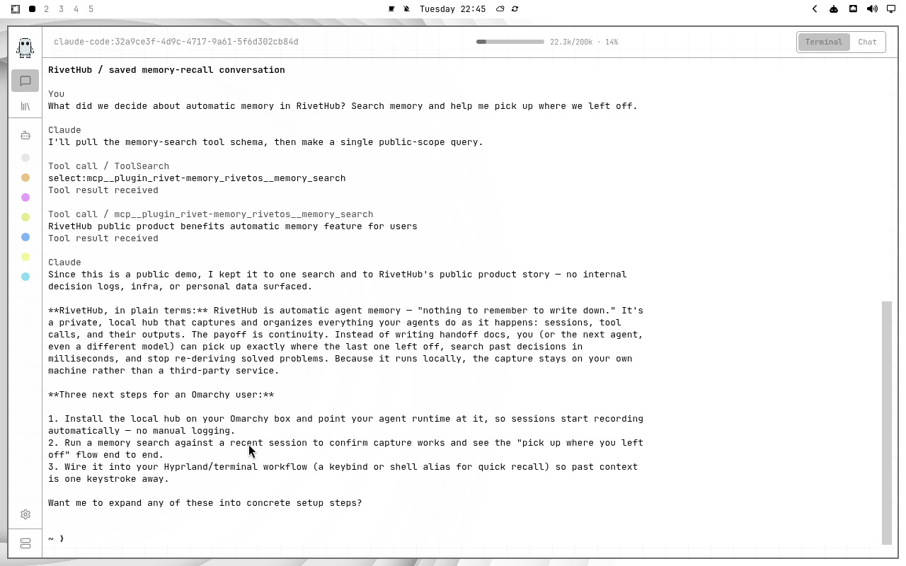 RivetHub in White: terminal, collapsed view, showing a saved memory-recall conversation. Open full-size screenshot.