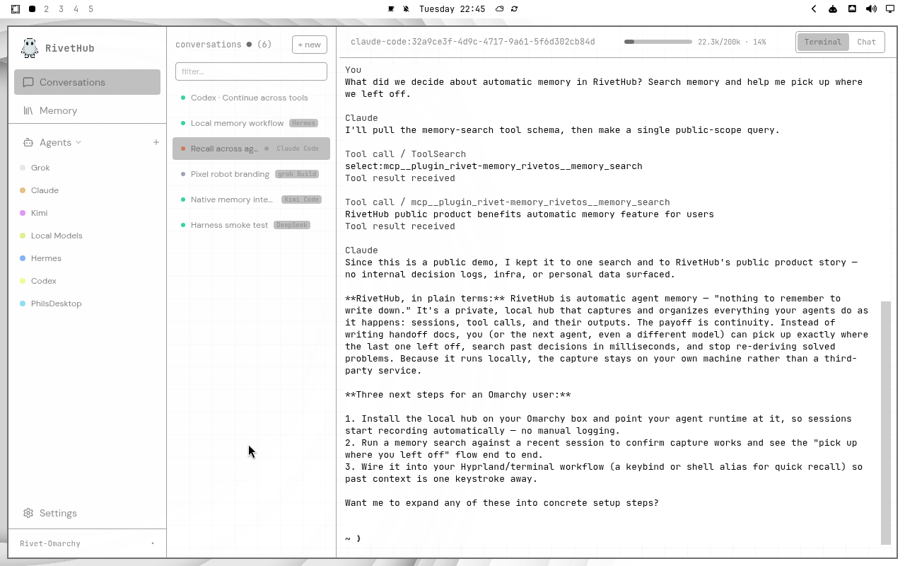 RivetHub in White: terminal, expanded view, showing a saved memory-recall conversation. Open full-size screenshot.